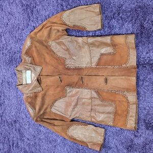 Alan Michael Leather & Suede Stitched Trim Wrapped Buttons 3/4 sleeve Overcoat